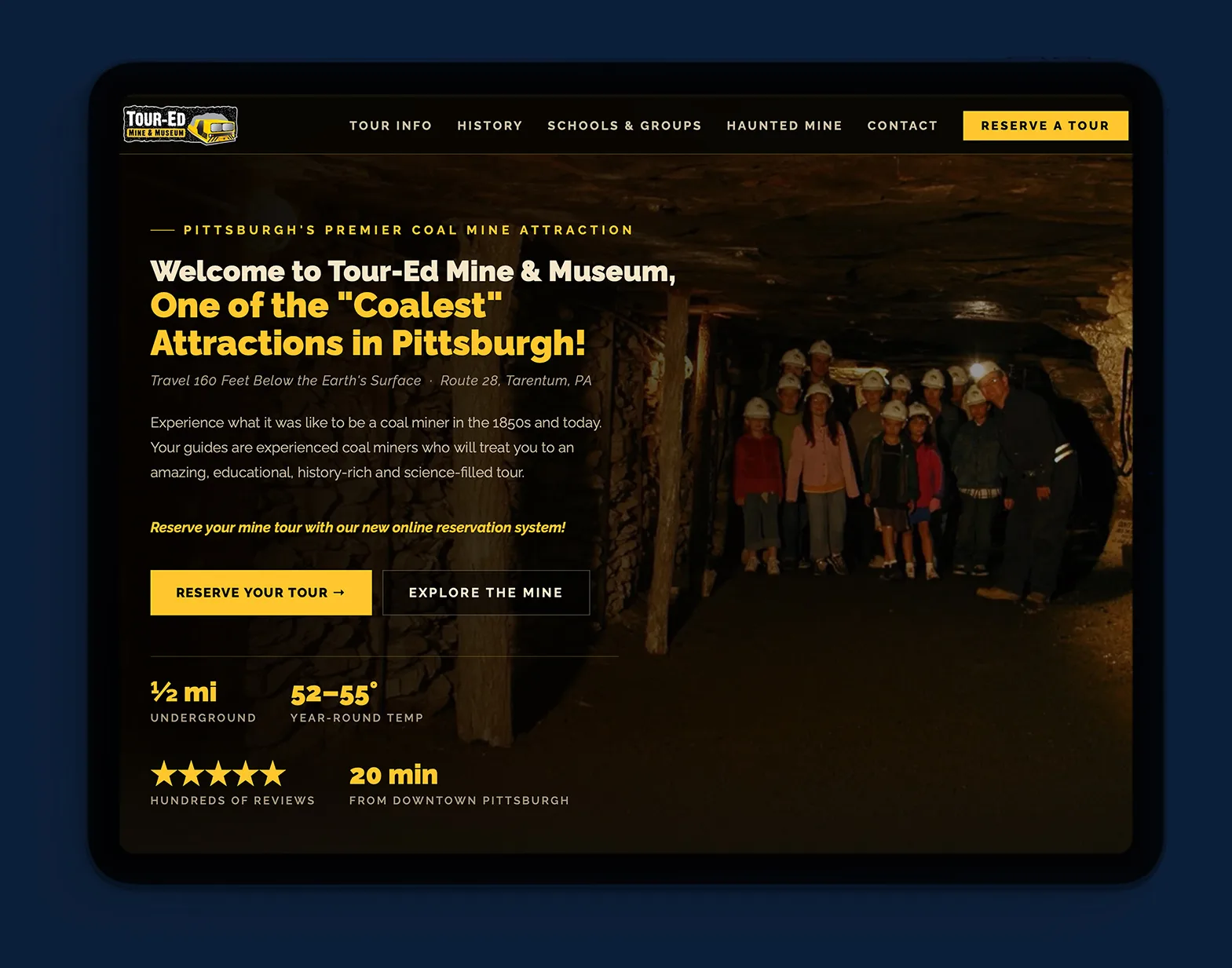 Tour-Ed Mine website displayed on a tablet