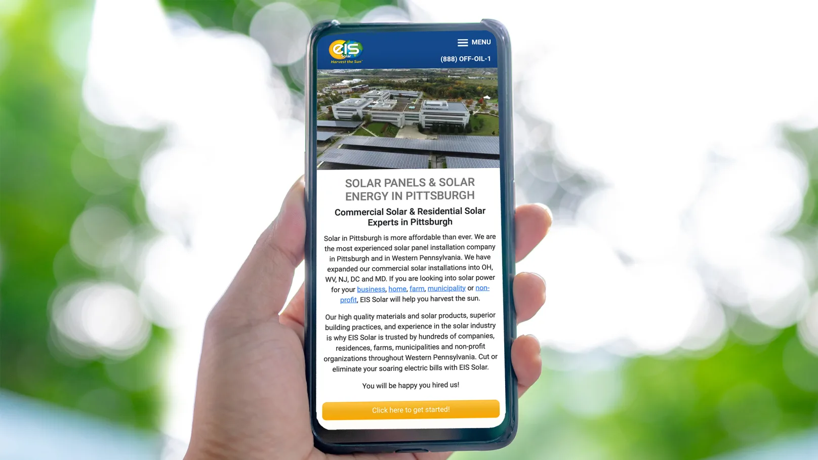 EIS Solar mobile website displayed on a phone