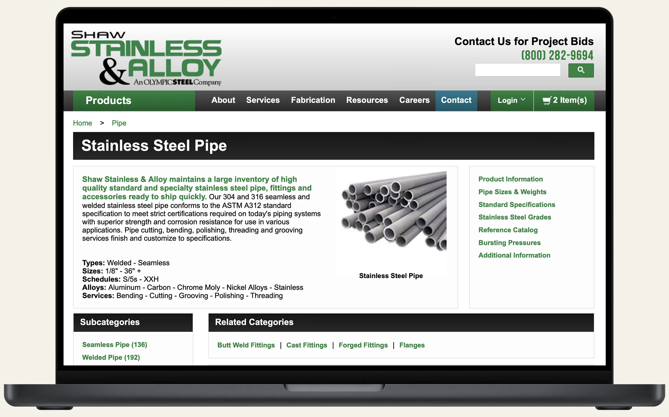 Shaw Stainless & Alloy website displayed on a laptop